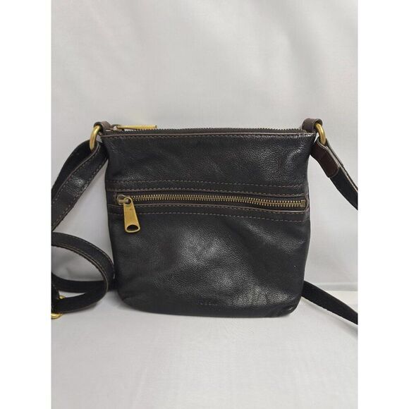 Fossil Black Leather Crossbody Bag With Brass Accents distressing - Picture 7 of 9